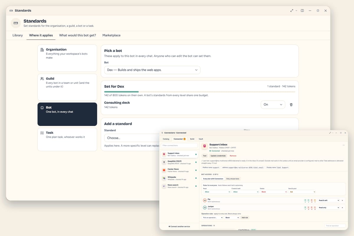The Standards app on its Where it applies tab, choosing between organisation, guild, bot and task, with a bot's standard and its token budget; in front of it a connection's bot access rules, each action set to allow, ask or block.