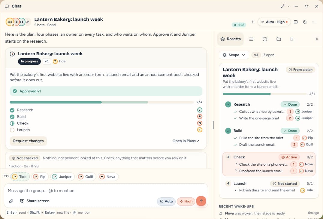 The plan card in a group chat beside the Rosetta scope: a bakery launch in four phases (Research, Build, Check, Launch), each task with its owner; Research and Build are done and Check is active.
