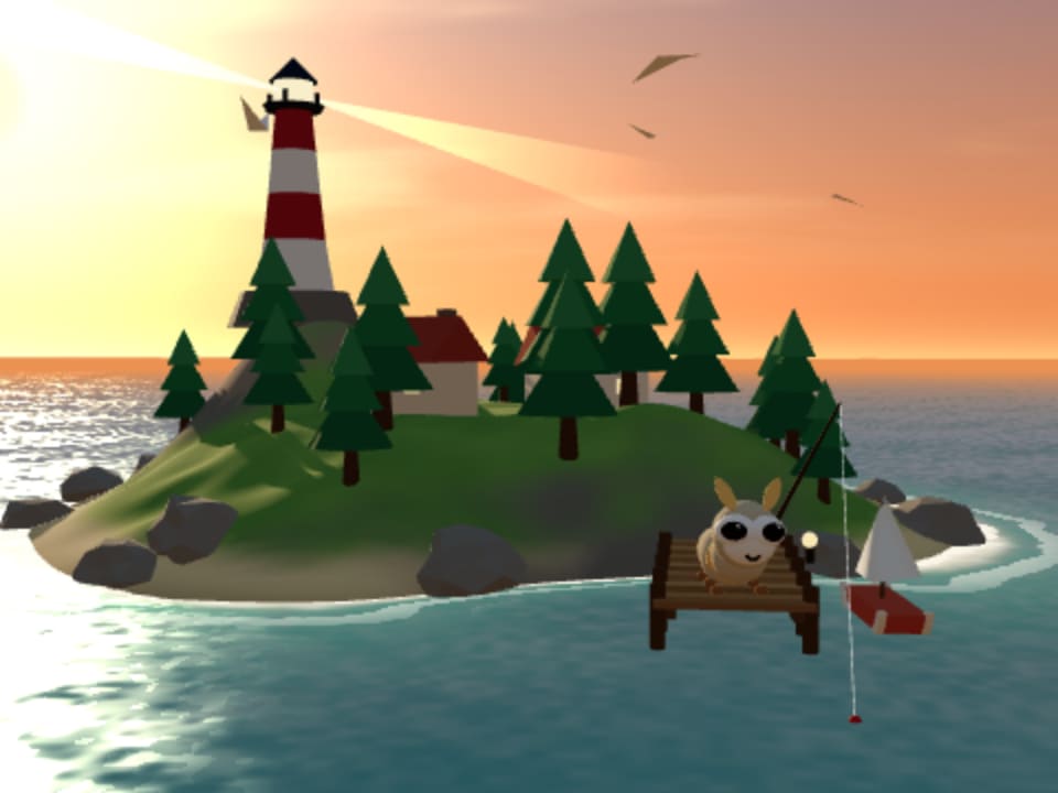 Pip, a small lantern-moth bot, fishing from a wooden dock on a lighthouse island at golden hour. A picture drawn by the same engine as the app.